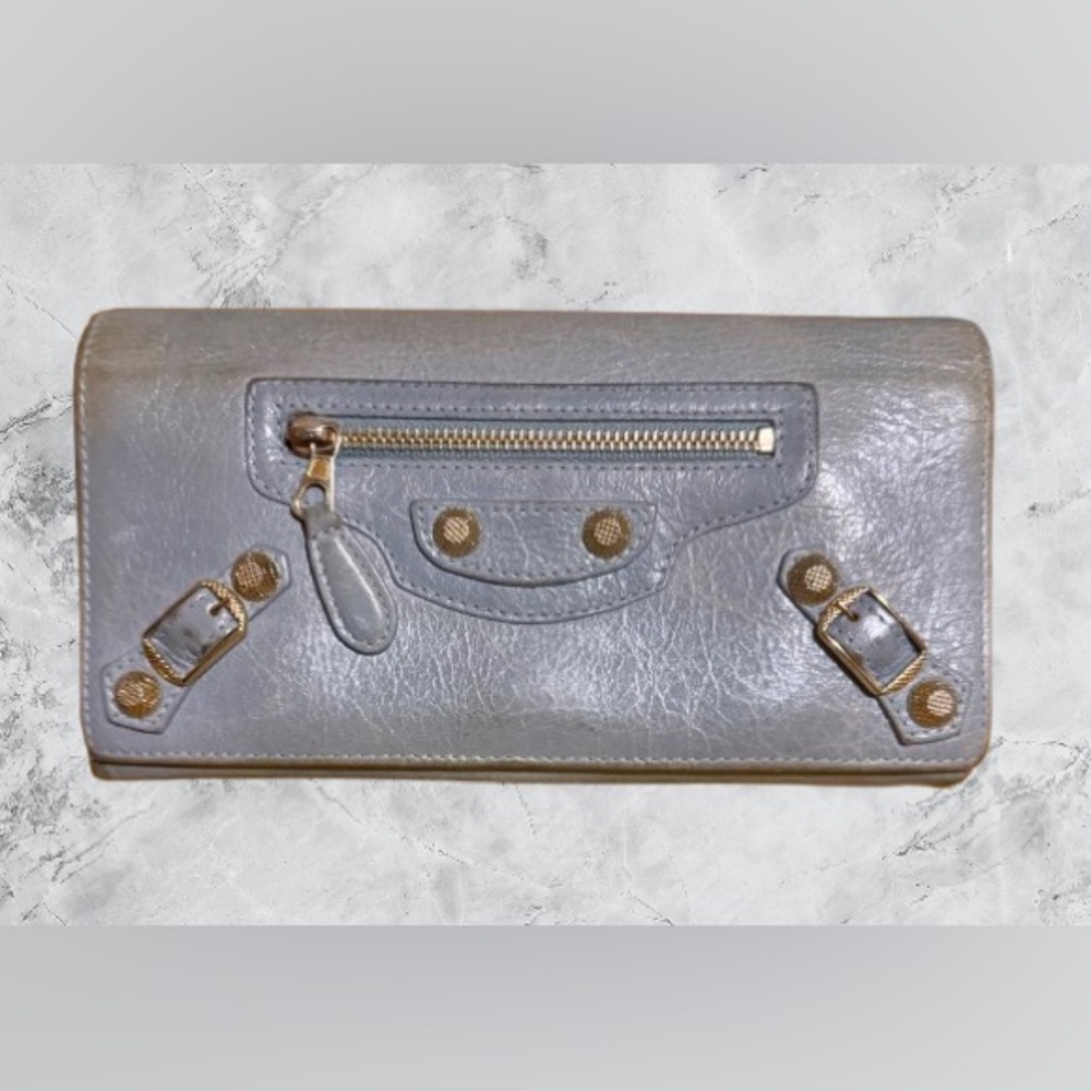 Balenciaga Le City Crackled Continental Bi-fold  Wallet (Blue-Grey) - GUC